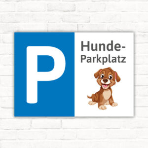 Hundeparkplatz mit Parkplatzsymbol und Hundebild