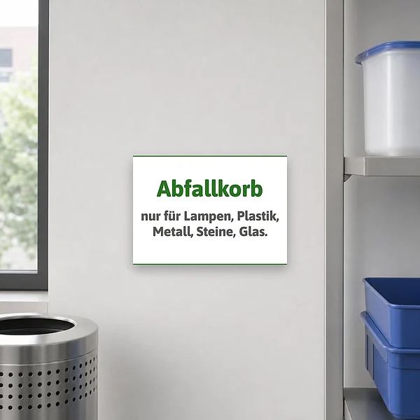 Hinweisschild für einen Abfallkorb an einer Sammelstelle oder auf einem Friedhof, damit nur Lampen, Plastik, Metall, Steine und Glas eingeworfen wird.