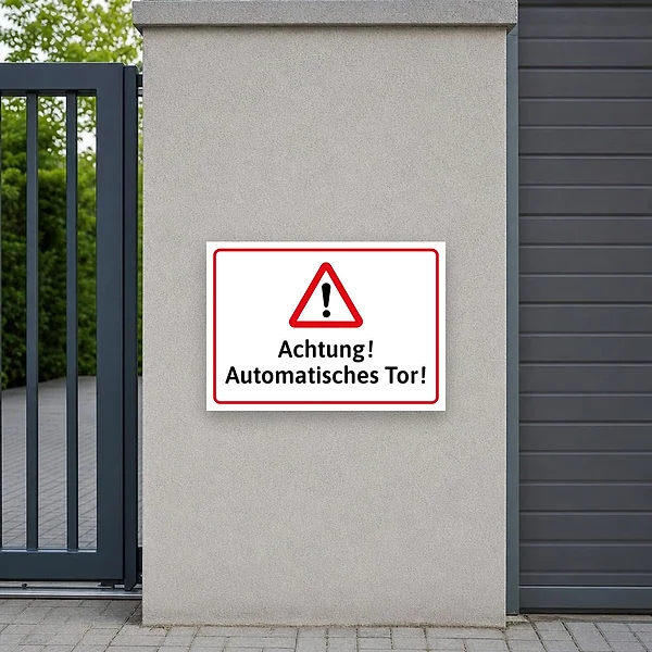 Warnschild an einer Zufahrt oder Hofeinfahrt, das auf ein automatisch schließendes Tor hinweist und Besucher vor dem Torbereich warnt.