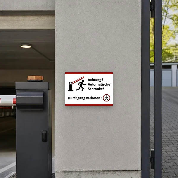 Montiertes Warnschild an einer Zufahrt vor einer automatischen Schranke, um Passanten und Besucher vom Durchgang abzuhalten