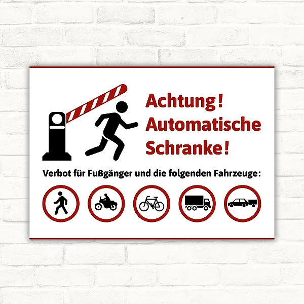 Verbotsschild Achtung automatische Schranke – Fußgänger und Fahrzeuge verboten