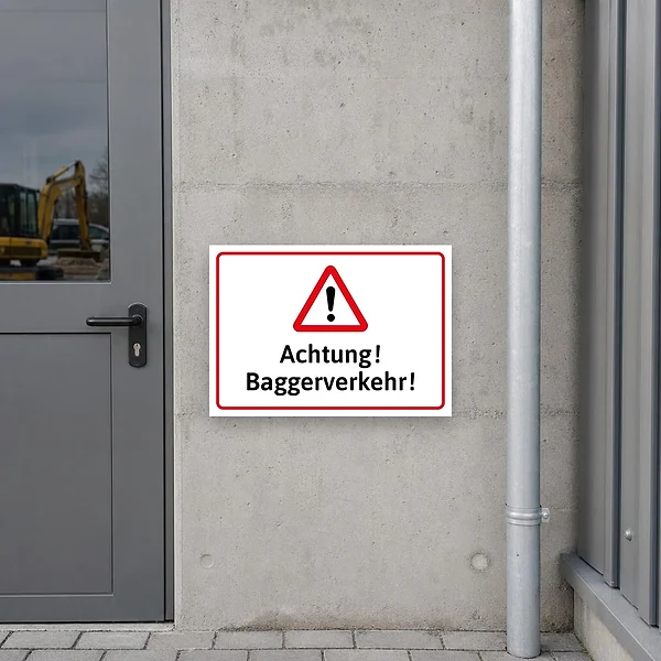 Ein gut sichtbares Warnschild an einer Baustelleneinfahrt, das auf Baggerverkehr und erhöhte Vorsicht hinweist.