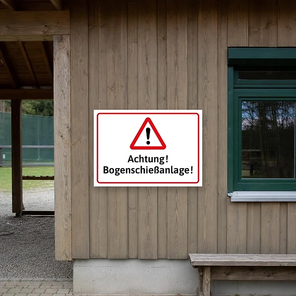 Warnschild an der Einfahrt einer Bogenschießanlage mit rotem Dreieck, schwarzem Ausrufezeichen und gut lesbarer Beschriftung