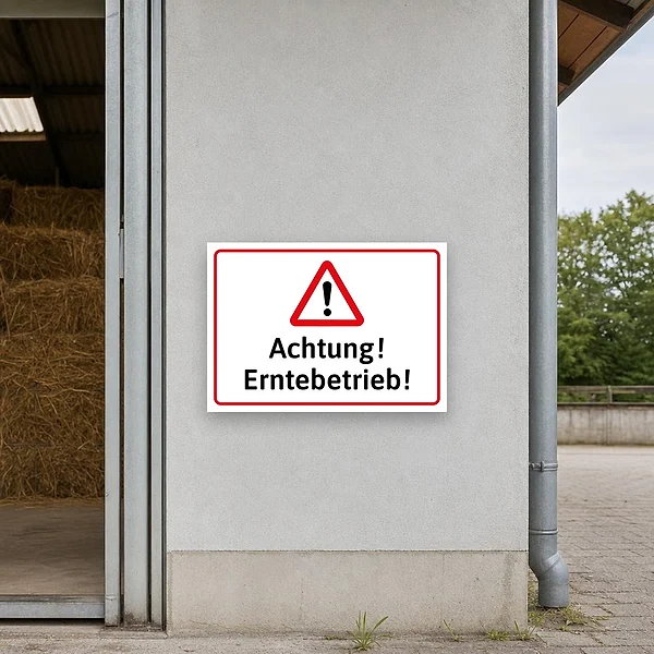 Warnschild an einer Hofeinfahrt während der Erntezeit mit Hinweis auf landwirtschaftlichen Betrieb und Maschinenverkehr