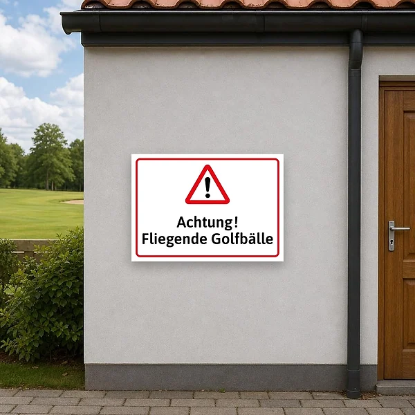 Warnschild am Rand eines Golfplatzes, das Spaziergänger und Besucher vor fliegenden Golfbällen warnt