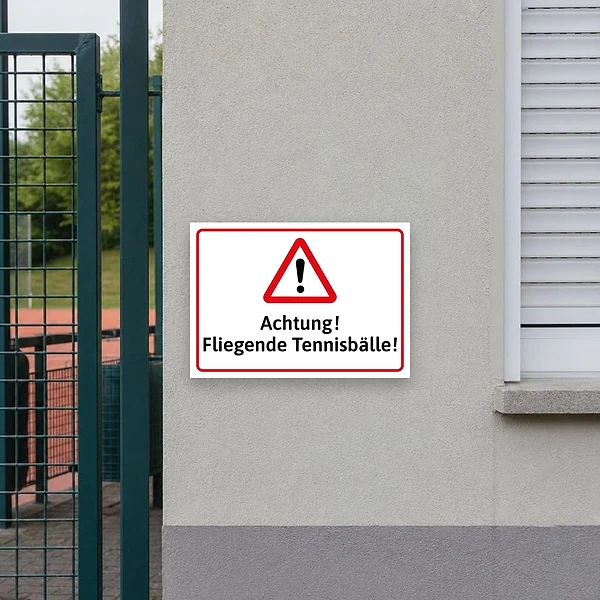 Warnschild an einem Tennisplatz mit rotem Warnsymbol und dem Hinweis auf fliegende Tennisbälle am Zaun