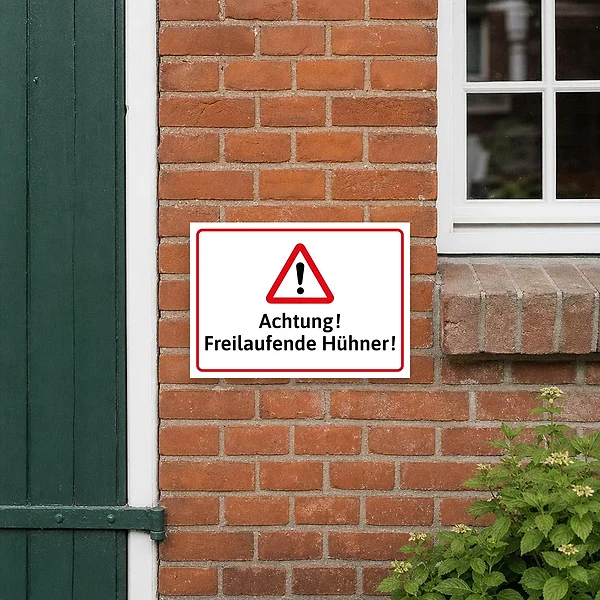 Warnschild an einem Gartenzaun oder Hofeingang, das Besucher auf frei laufende Hühner auf dem Grundstück hinweist.