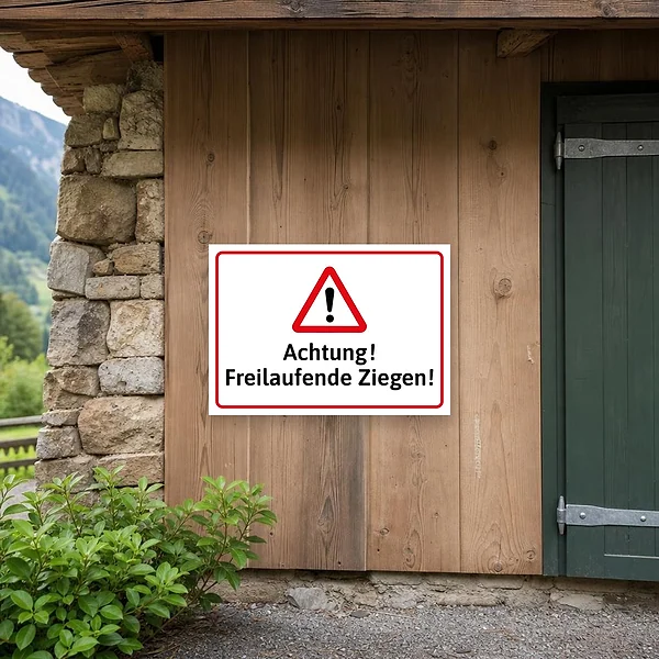 Ein gut sichtbares Hinweisschild an einem Weidezaun oder Hofeingang, das Besucher vor freilaufenden Ziegen warnt
