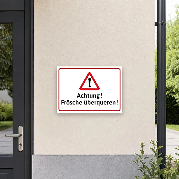 Ein gut sichtbares Warnschild am Wegesrand neben einem Teich, das auf überquerende Frösche aufmerksam macht