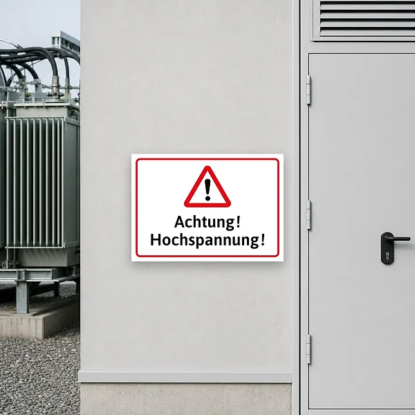 Warnschild Achtung Hochspannung an einer Tür eines Technikraums mit elektrischen Anlagen
