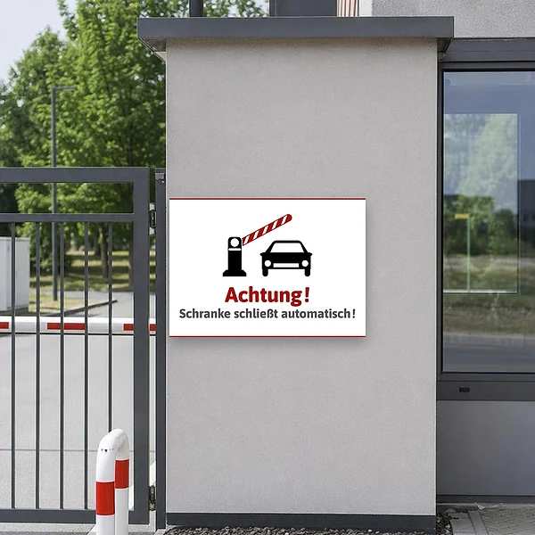 Hinweisschild an einer Einfahrt mit automatisch schließender Schranke vor einem Fahrzeug in einer Park- oder Betriebssituation