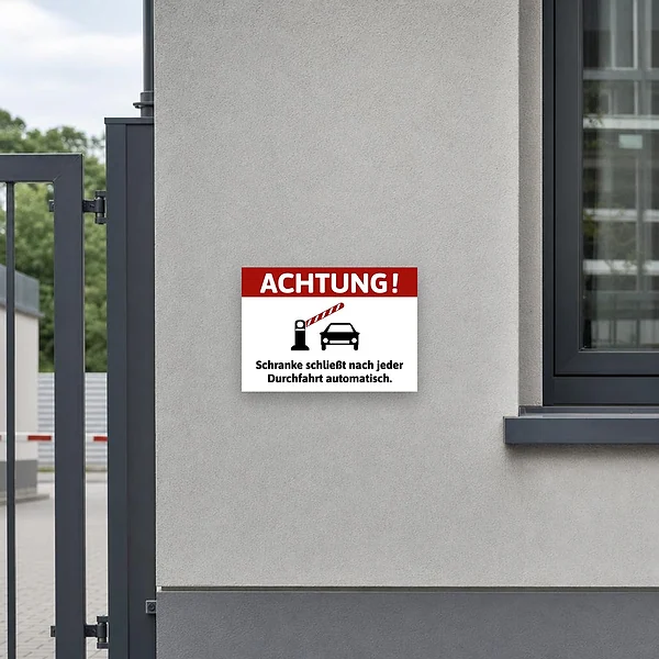 Ein querformatiges Warnschild an einer Zufahrt oder Parkplatzeinfahrt, das auf eine automatisch schließende Schranke hinweist.