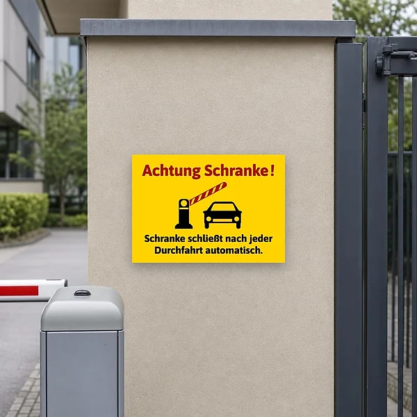 Warnschild an einer Parkplatzzufahrt mit automatisch schließender Schranke, gut sichtbar für Autofahrer und Besucher im Außenbereich