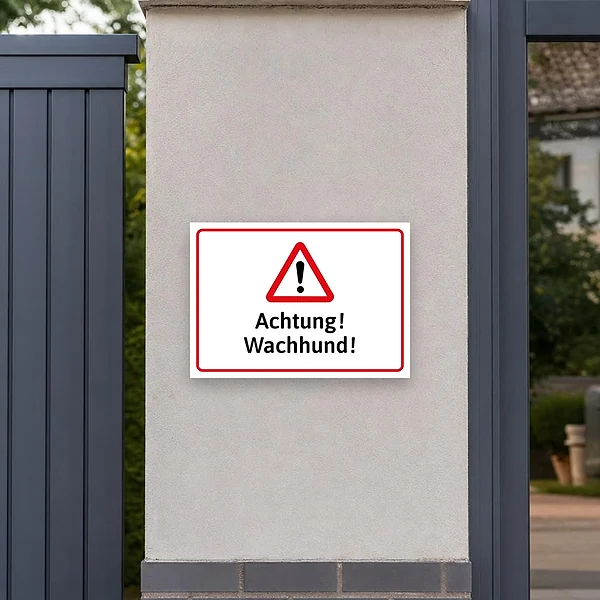 Warnschild an einem Gartentor oder Hauseingang mit dem Hinweis auf einen Wachhund, damit Besucher das Grundstück aufmerksam und vorsichtig betreten.