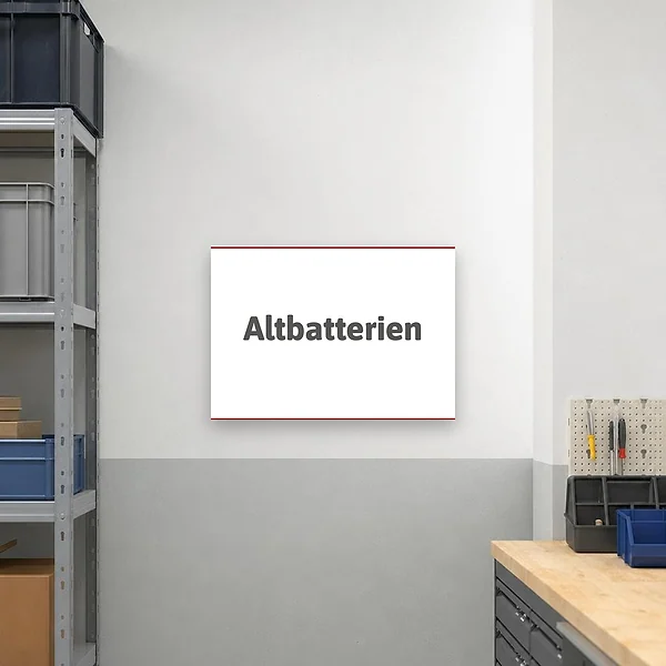 Hinweisschild zur Kennzeichnung einer Sammelstelle für Altbatterien in einem Geschäft oder Lagerbereich