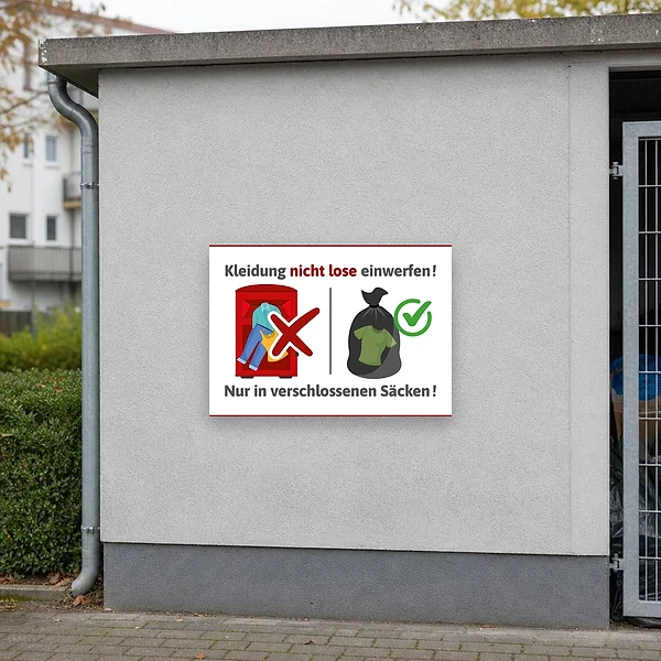 Altkleidercontainer mit Hinweis, Kleidung nur in verschlossenen Säcken einzuwerfen, damit die Textilien sauber und ordentlich gesammelt werden.