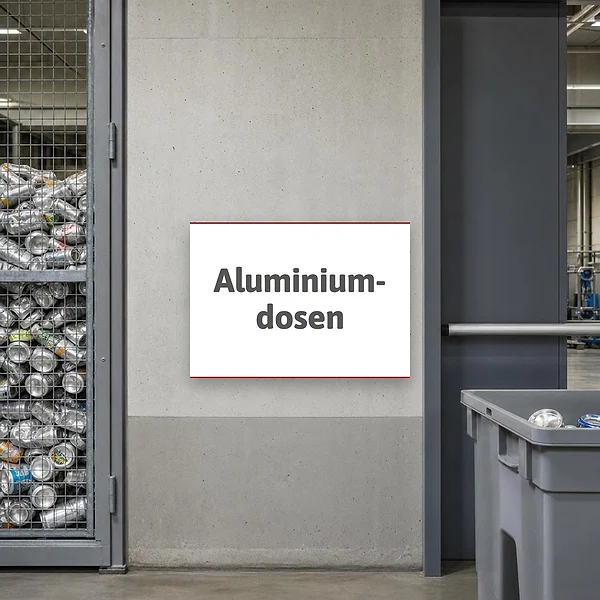 Ein Hinweisschild für eine Sammelstelle oder Mülltrennung, das Aluminiumdosen eindeutig kennzeichnet und an Wand oder Behälter montiert ist.