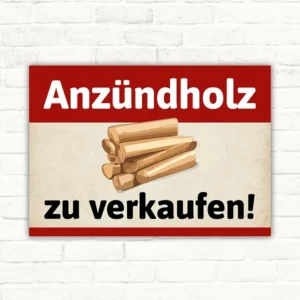 Schild mit der Aufschrift Anzündholz zu verkaufen und Holzstapel-Motiv