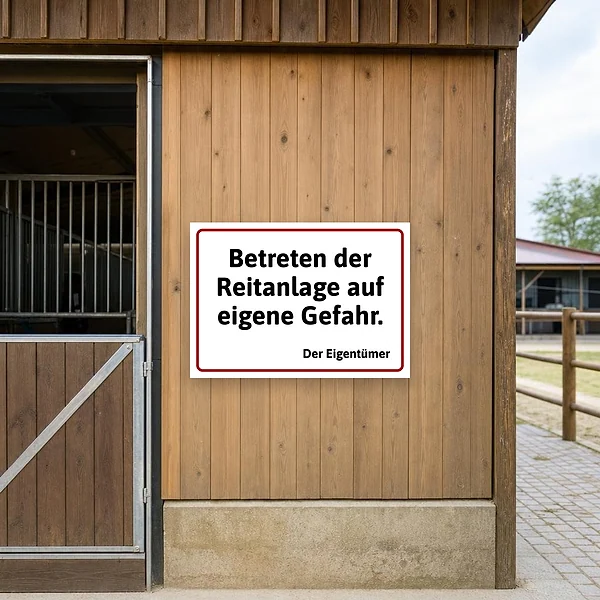 Hinweisschild an der Einfahrt einer Reitanlage mit weißem Hintergrund, roter Umrandung und schwarzer Schrift, angebracht am Stall oder Tor