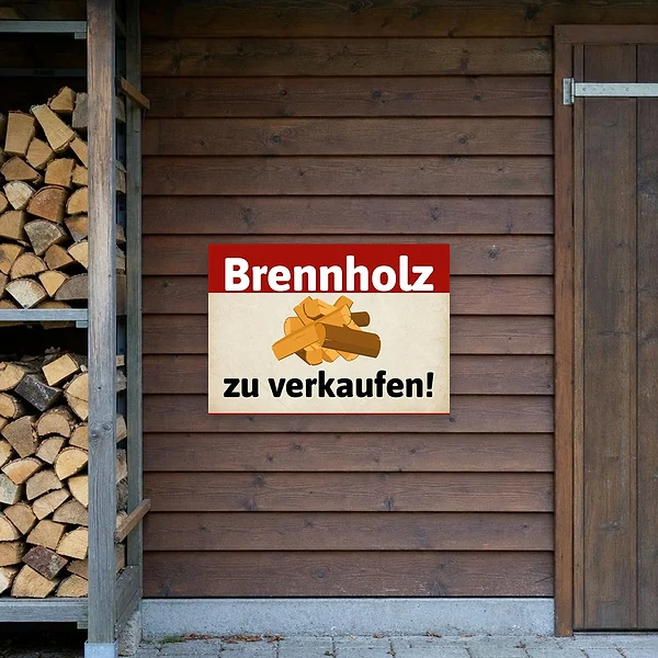 Brennholz-Schild an einer Hofeinfahrt als Hinweis auf einen Holzverkaufsplatz im ländlichen Bereich
