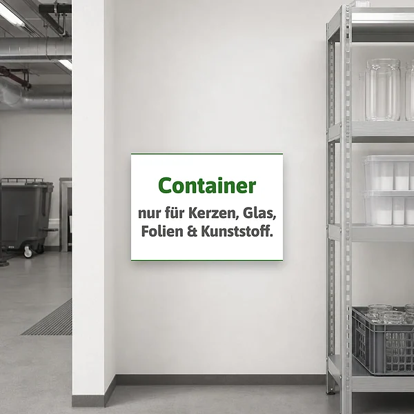 Ein querformatiges Container-Hinweisschild wird an einer Sammelstelle montiert und weist auf die erlaubten Materialien Kerzen, Glas, Folien und Kunst