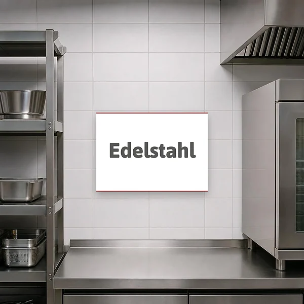 Modernes Motivschild mit dem Schriftzug Edelstahl an einer hellen Wand in einem ruhigen Innenraum.