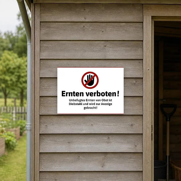 Schilder an einer Obstplantage, das Besucher deutlich darauf hinweist, keine Früchte ohne Erlaubnis zu ernten