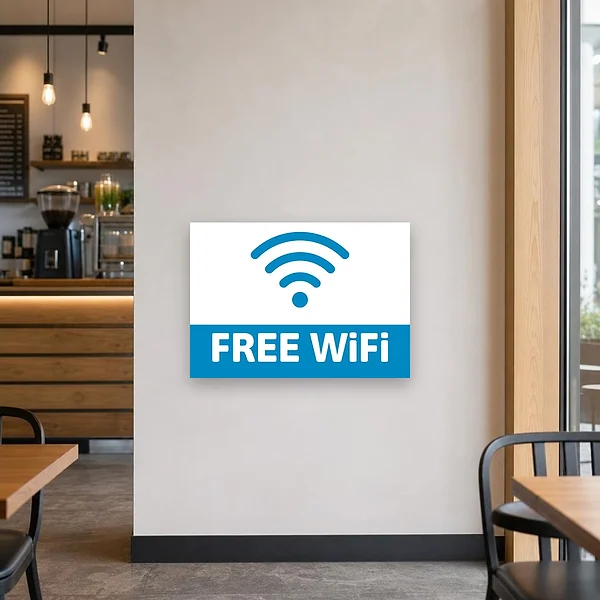 Anwendungsbeispiel eines Free Wi Fi Hinweisschilds an der Wand im Eingangsbereich eines Cafés für Gäste und Besucher