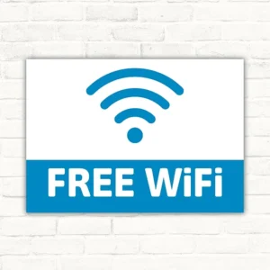 Free Wi Fi Schild mit WLAN-Symbol und Schriftzug FREE Wi Fi in Blau und Weiß