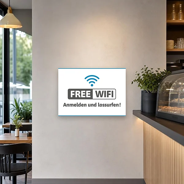 Ein Free-Wi Fi-Hinweisschild hängt gut sichtbar an einer Wand im Eingangsbereich eines Cafés und weist Gäste auf das verfügbare WLAN hin.