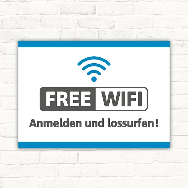 Schild mit WLAN-Symbol und dem Text FREE WIFI – Anmelden und lossurfen