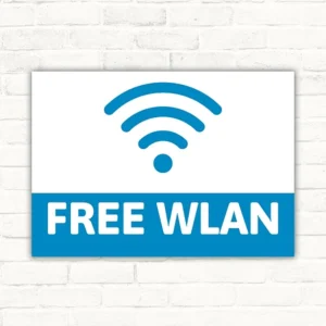 Freies WLAN Schild mit WLAN-Symbol und dem Text FREE WLAN in Blau und Weiß im Querformat.