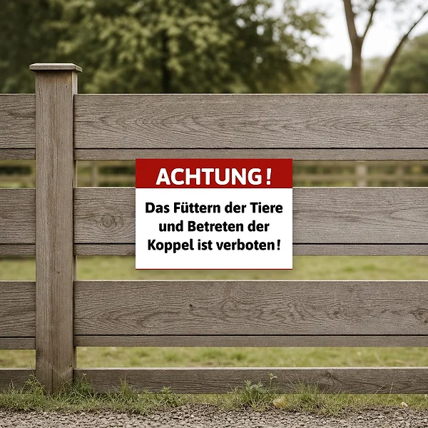 Das Schild hängt an einem Zaun vor einer Pferdekoppel und warnt Spaziergänger davor, Tiere zu füttern oder die Weide zu betreten.