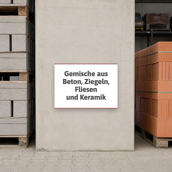 Ein querformatiges Hinweisschild an einem Baustellen- oder Containerbereich zur Kennzeichnung von mineralischen Bauabfällen wie Beton, Ziegeln, Fliese