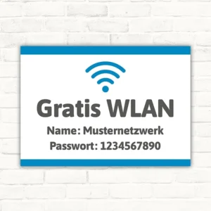 Schild mit Gratis WLAN, WLAN-Name Musternetzwerk und Passwort 1234567890