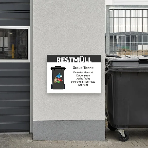 Eine graue Restmülltonne auf einem Müllplatz mit einem gut sichtbaren Hinweisschild für Restmüll und graue Tonne in Schwarz-Weiß-Grau an der Wand.