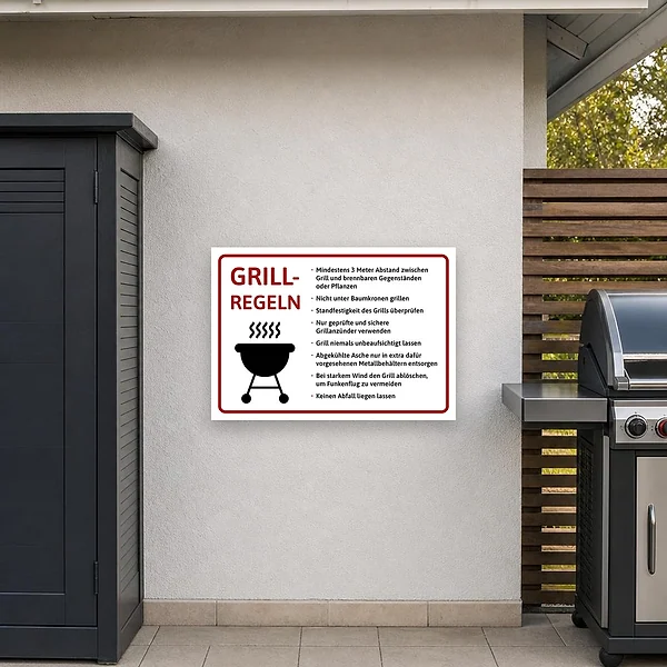 Ein Grillregeln-Schild hängt an einer Wand nahe einem Grillplatz und erinnert Besucher an Abstand, Wind, Ascheentsorgung und umsichtiges Grillen.