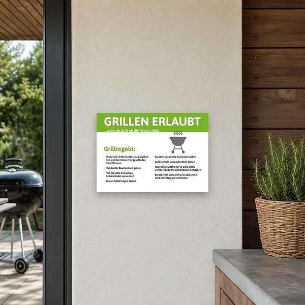 Hinweisschild mit Grillregeln an einem Grillplatz im Außenbereich, gut sichtbar montiert für Besucher und Gäste