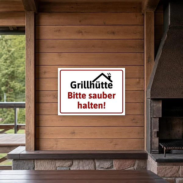 Das Schild hängt gut sichtbar an einer Grillhütte im Außenbereich und erinnert Gäste freundlich daran, den Platz sauber zu hinterlassen.