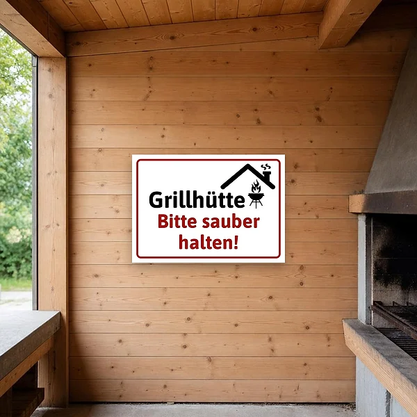 Ein montiertes Hinweisschild an einer Grillhütte erinnert Besucher daran, die Anlage sauber zu hinterlassen.