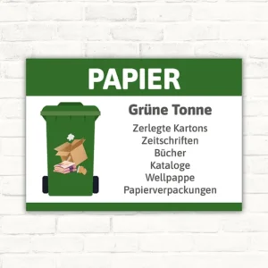 Schild mit der Aufschrift PAPIER Grüne Tonne und Hinweisen zu zerlegten Kartons, Zeitschriften, Büchern, Katalogen, Wellpappe und Papierverpackungen.