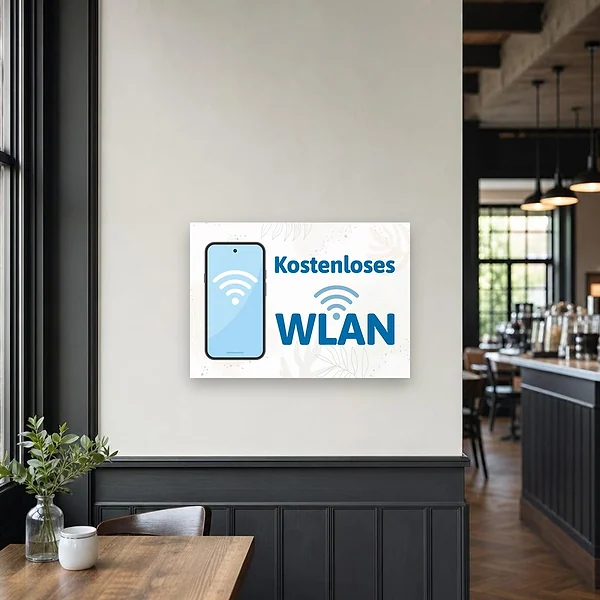 Ein blau-weißes Hinweisschild für kostenloses WLAN an einer Wand im Eingangsbereich eines Cafés oder Empfangsraums angebracht.