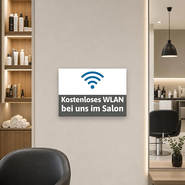 WLAN-Hinweisschild im Salonbereich an der Wand, damit Kundinnen und Kunden kostenloses WLAN erkennen