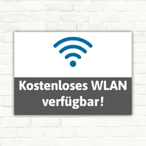 Schild mit WLAN-Symbol und Text „Kostenloses WLAN verfügbar“ in Querformat