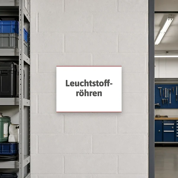 Leichtes Hinweisschild mit der Beschriftung Leuchtstoffröhren in einem Betriebsbereich zur Kennzeichnung von Sammel- oder Entsorgungsstellen