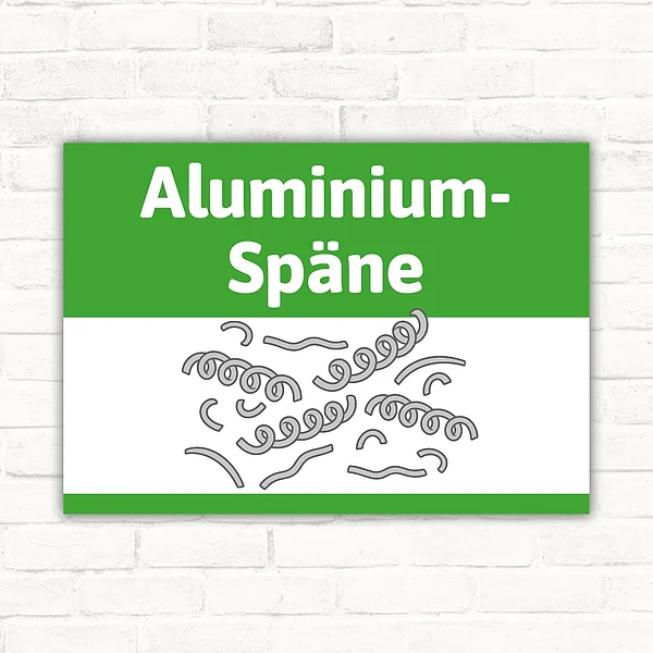 Schild mit der Aufschrift Aluminium-Späne und grün-weißem Layout