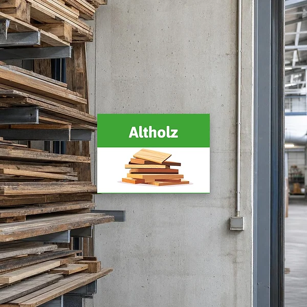 Altholz-Schild an einer Sammelstelle oder einem Lagerbereich zur Kennzeichnung von sortiertem Holzmaterial