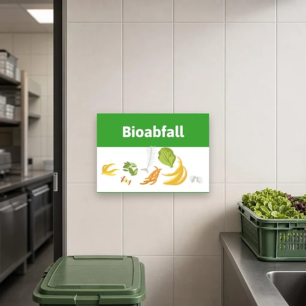 Bioabfall-Hinweisschild im Querformat an einer Müllsammelstelle zur Kennzeichnung des Biomüllbehälters