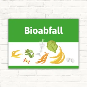 Schild mit der Aufschrift Bioabfall in Grün und Weiß mit organischen Resten