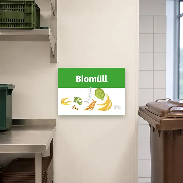 Biomüll-Hinweisschild zur Kennzeichnung einer Mülltrennstation in Küche oder Hof mit grünem Kopfbereich und Bioabfall-Symbolen